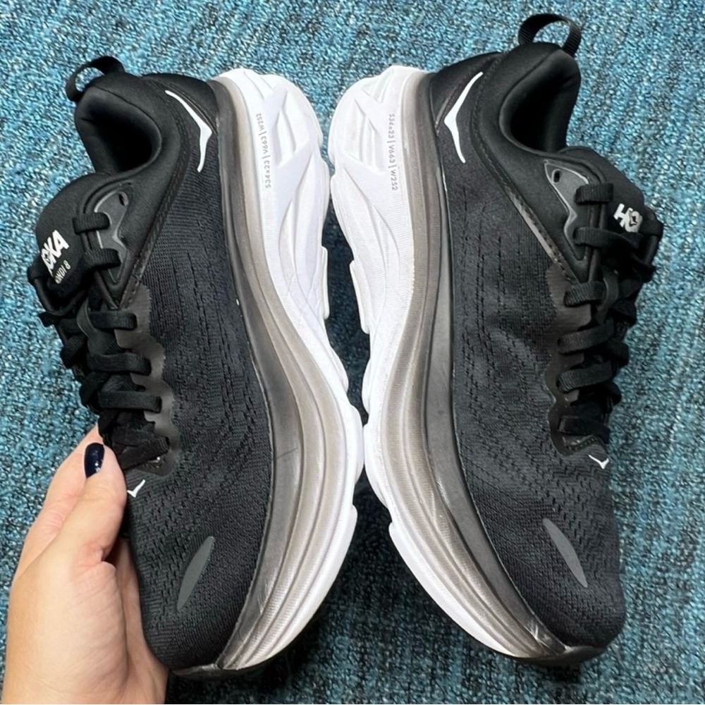 Hoka One One Bondi 8 Running Shoes in Black White - Picture 7 of 9